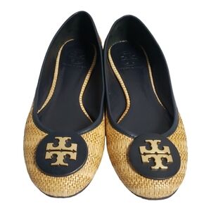 Tory Burch Reva Black & Raffia Straw Woven Flats Size 8.M